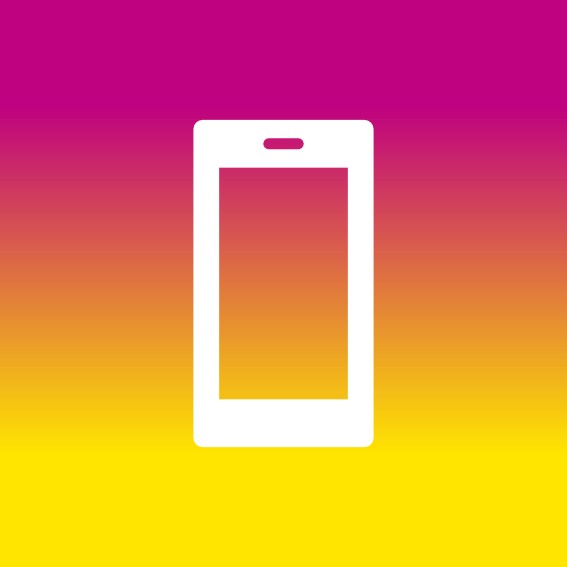 Weiße Smartphone-Silhouette auf lila-gelbem Hintergrund.